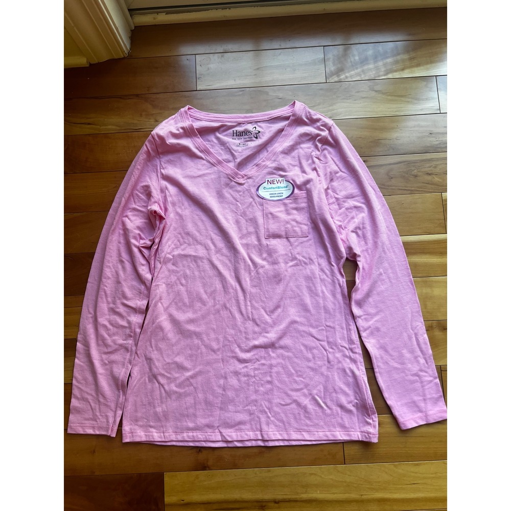Hanes Womens ComfortBlend V-Neck Long Sleeve Pocket T-Shirt Pink Small